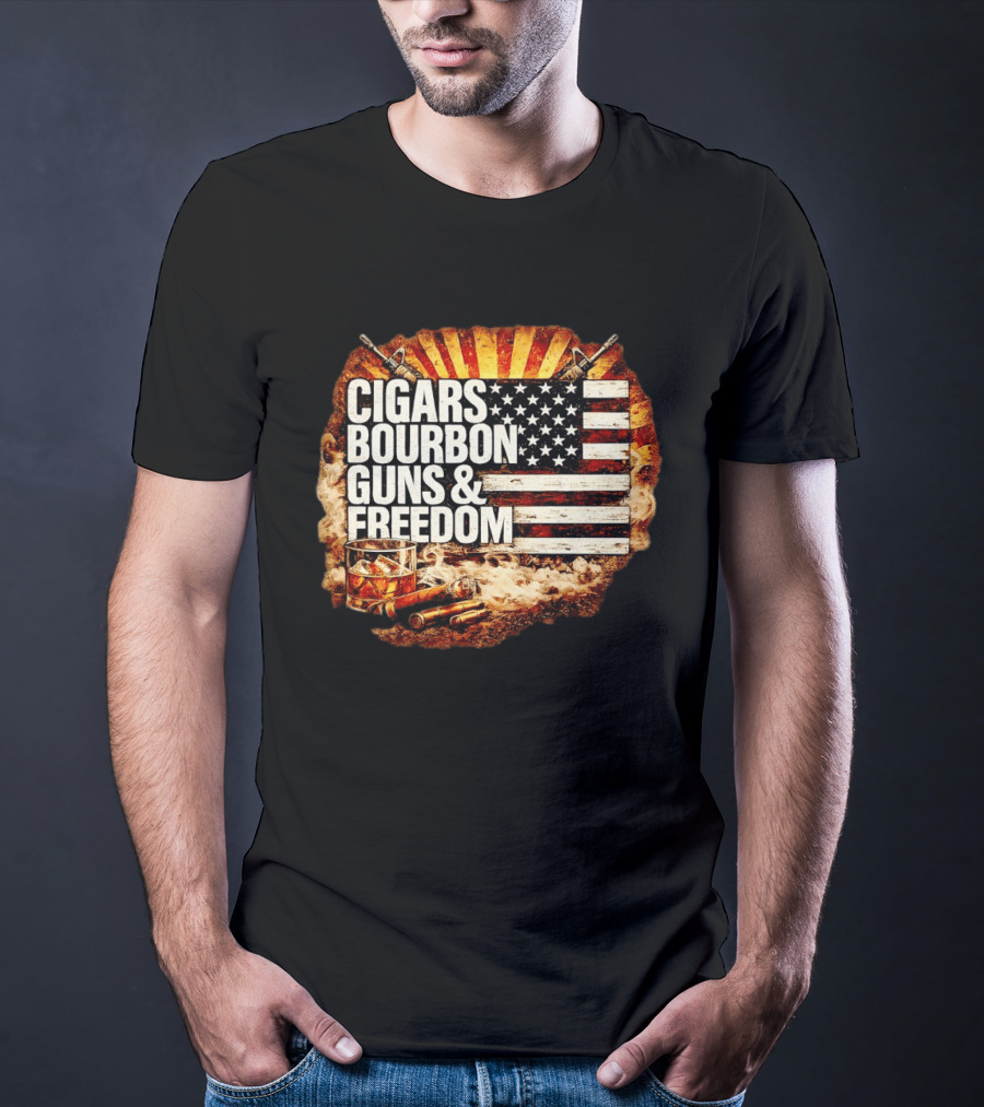 Cigars Bourbon Guns And Freedom American Flag Patriotic T-Shirt