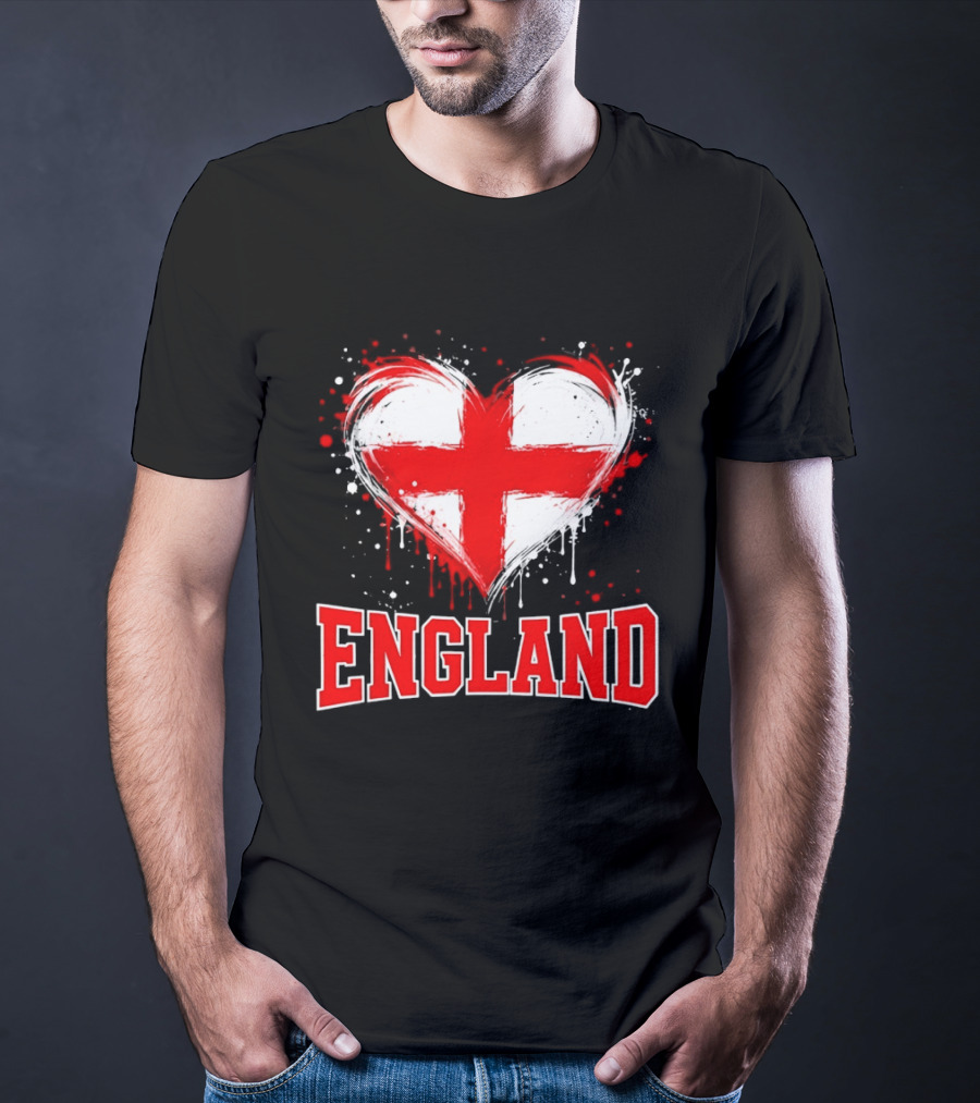 England Heart Flag Paint Splatter Red And White Cross T-Shirt
