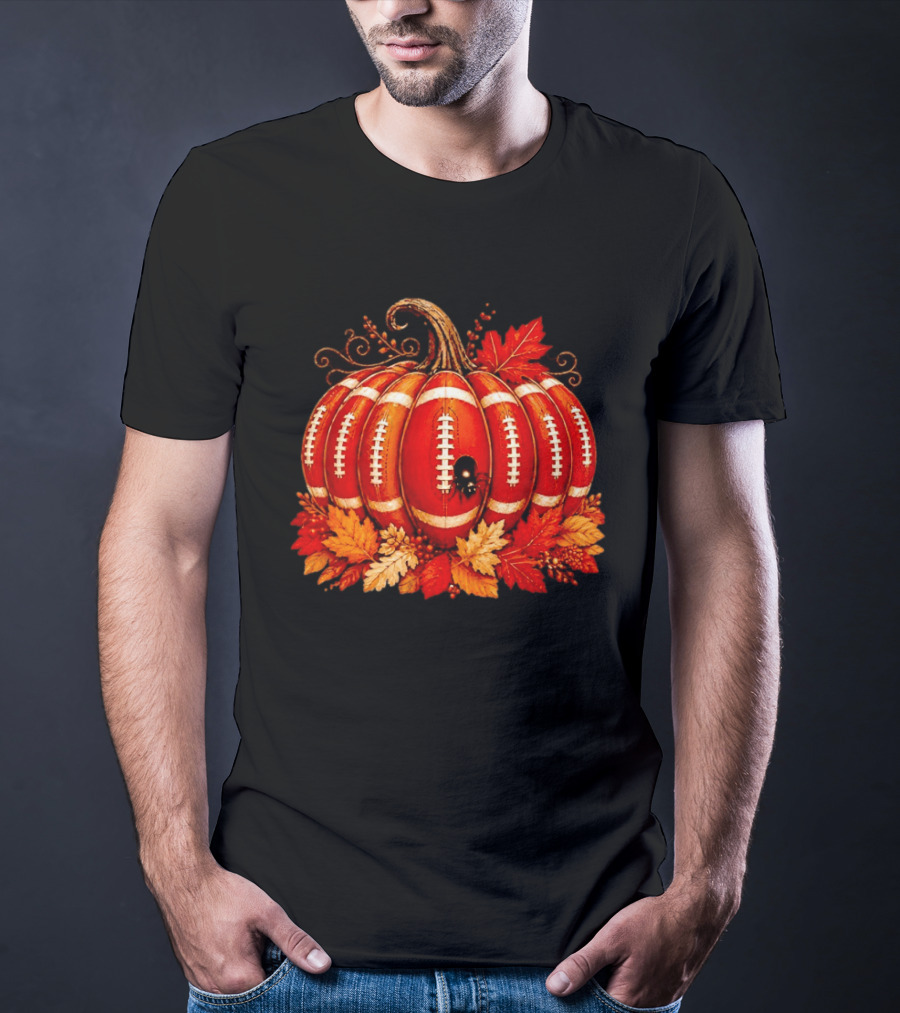 Football Pumpkin Spider Autumn Leaves Thanksgiving Decor T-Shirt