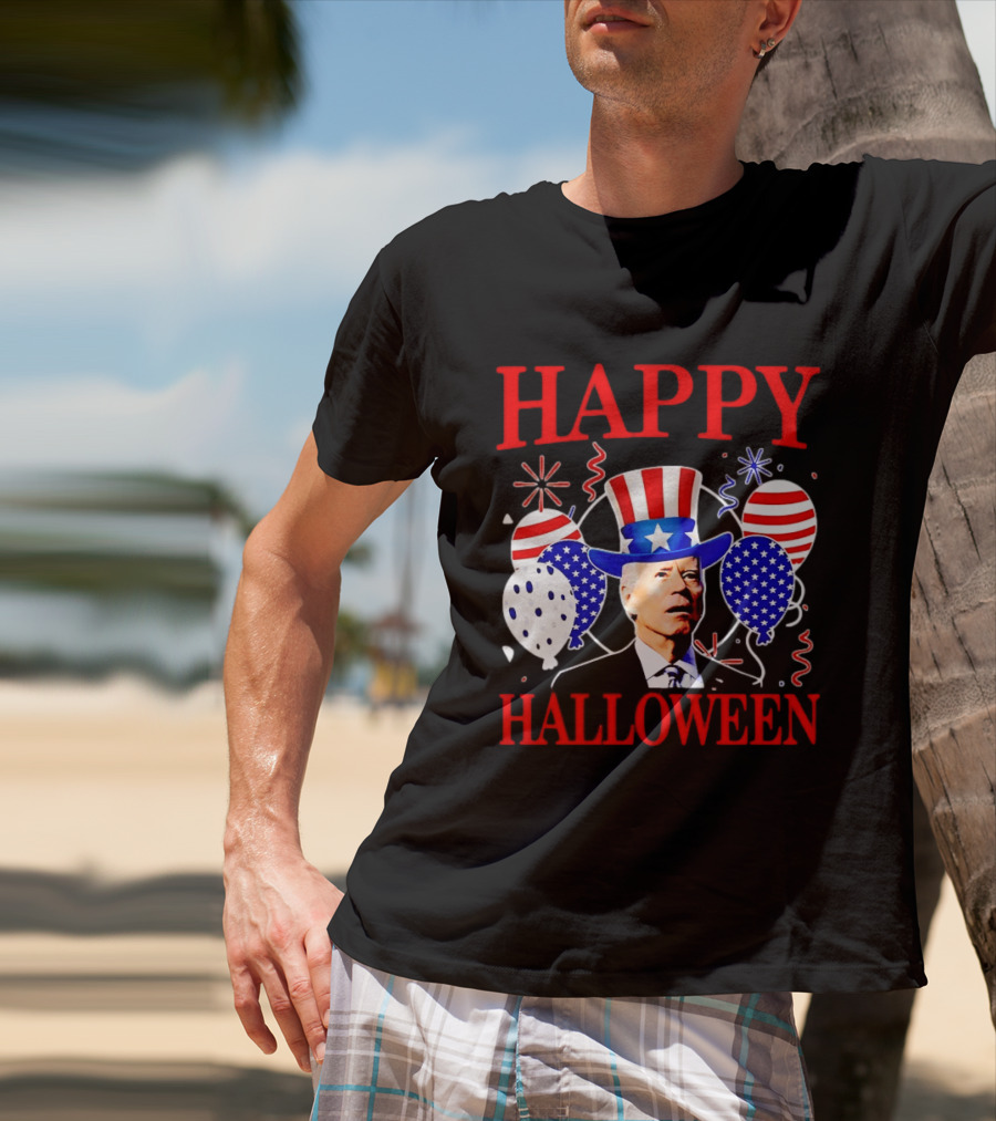 Happy Halloween Biden Uncle Sam Hat American Flag Balloons T-Shirt