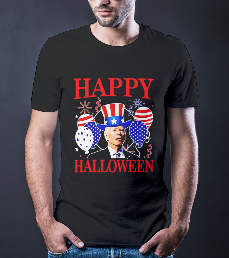 Happy Halloween Biden Uncle Sam Hat American Flag Balloons T-Shirt