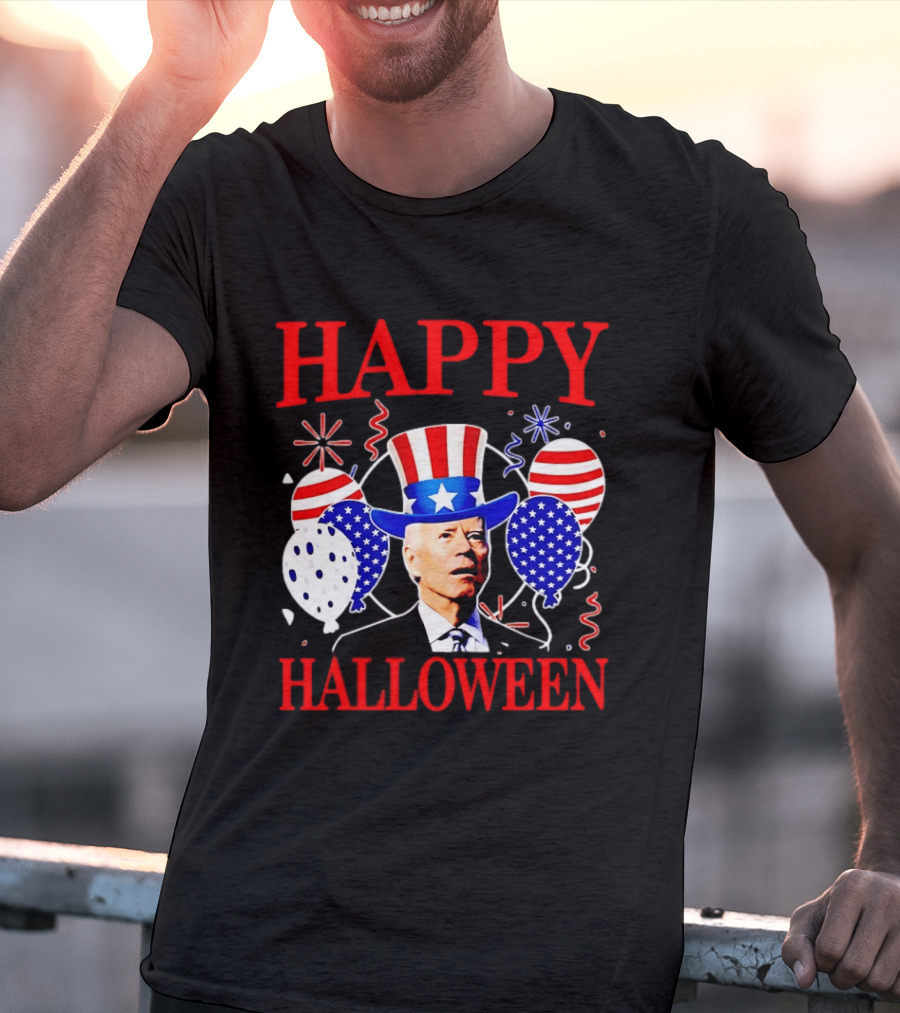 Happy Halloween Biden Uncle Sam Hat American Flag Balloons T-Shirt
