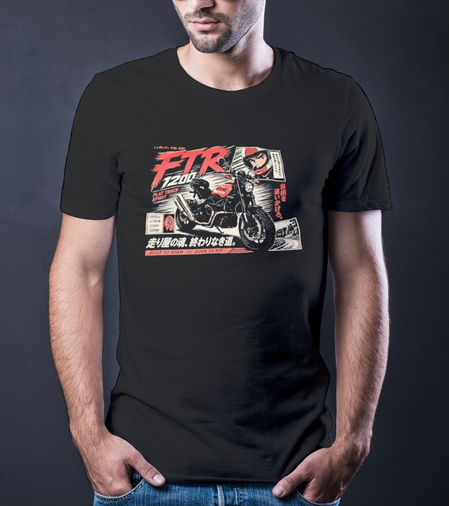 Indian FTR 1200 Flat Track Spirit Built To Roam Born To Rip 1203cc V Twin 123HP 120NM Japanese Manga T-Shirt