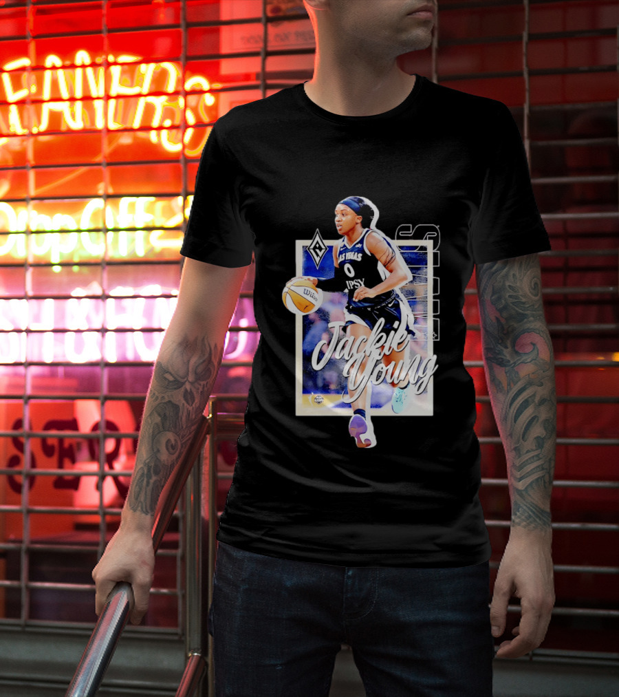 Jackie Young Las Vegas Aces Number 0 Dribbling Action With Wilson Basketball And Lids Headband T-Shirt