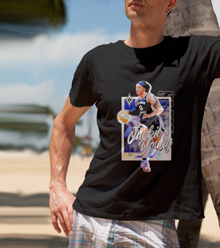 Jackie Young Las Vegas Aces Number 0 Dribbling Action With Wilson Basketball And Lids Headband T-Shirt