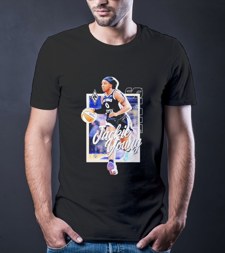 Jackie Young Las Vegas Aces Number 0 Dribbling Action With Wilson Basketball And Lids Headband T-Shirt