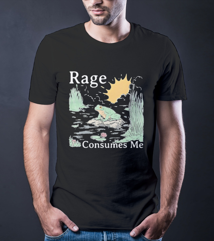 Rage Consumes Me Frog On Rock With Sunburst And Pond Scene T-Shirt