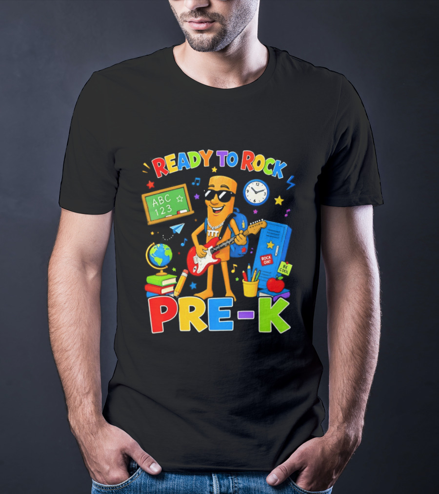 Ready To Rock Pre K Cartoon With Guitar And School Supplies T-Shirt