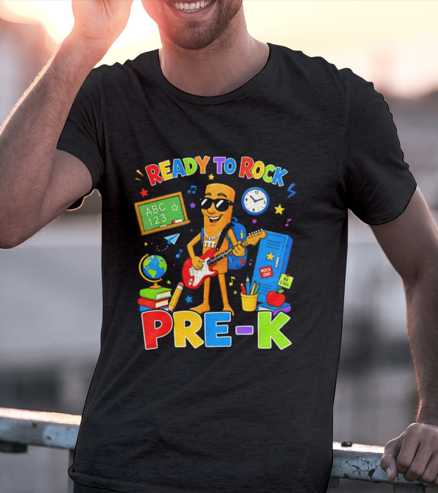 Ready To Rock Pre K Cartoon With Guitar And School Supplies T-Shirt