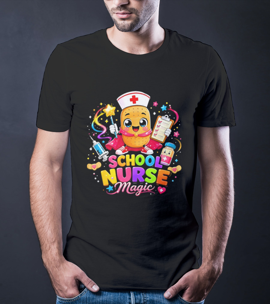 Magic School Nurse Potato Cartoon With Syringe And Pill T-Shirt