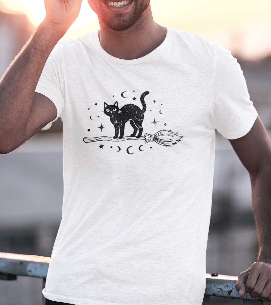 Black Cat With Celestial Moons Stars On Broomstick T-Shirt