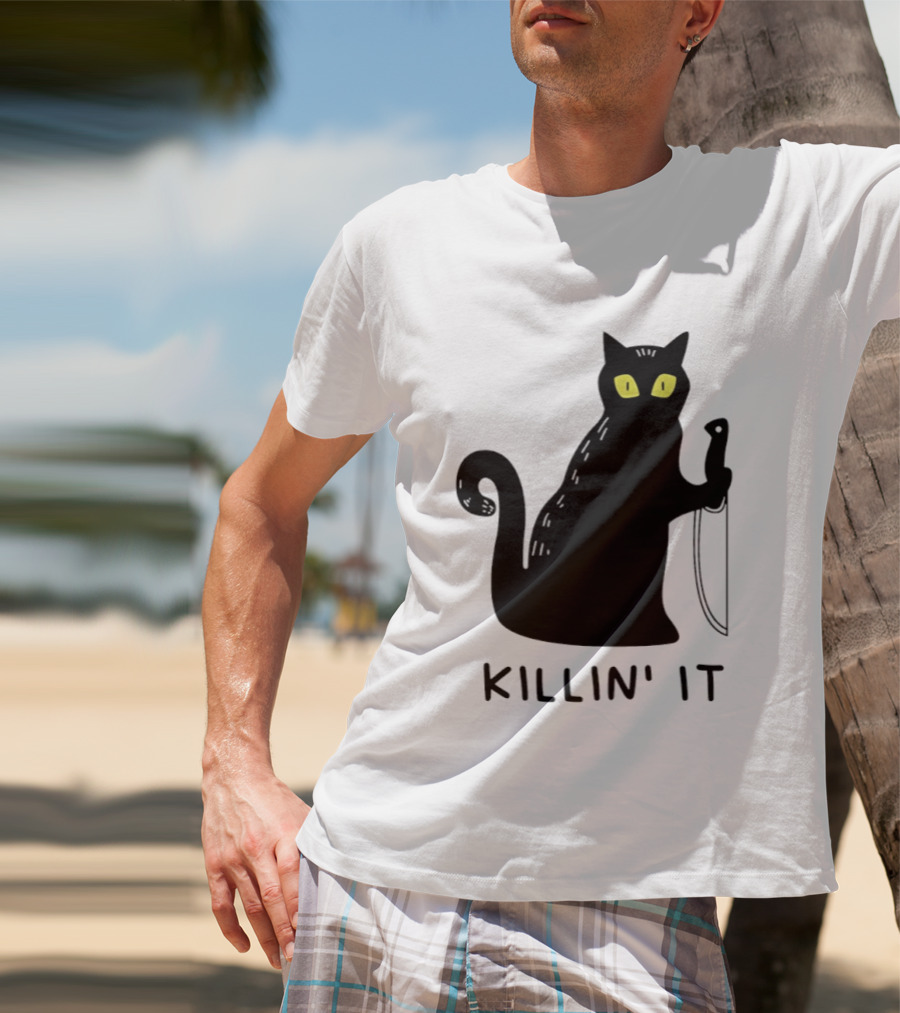 Black Cat Killin' It Halloween Knife T-Shirt