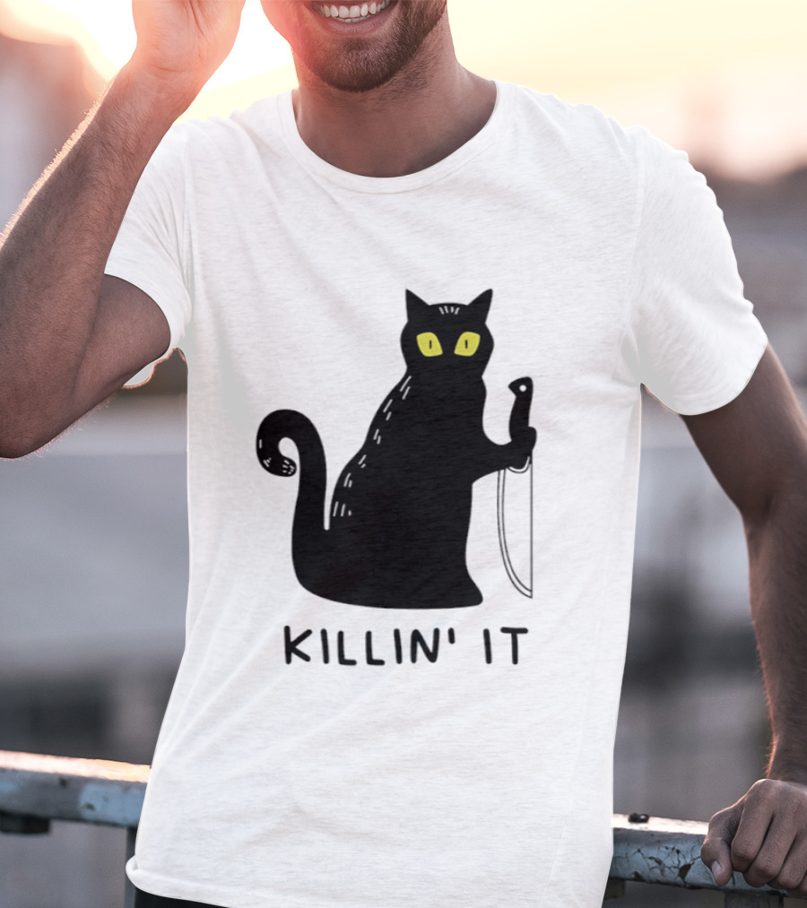 Black Cat Killin' It Halloween Knife T-Shirt