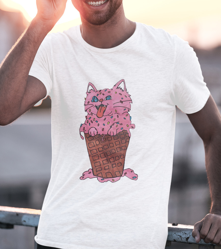 Pink Cat Ice Cream Cone Sprinkles Waffle Delight T-Shirt