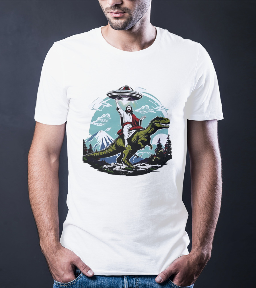 Jesus Riding Rex UFO Nature Scene With Mountains And Trees T-Shirt