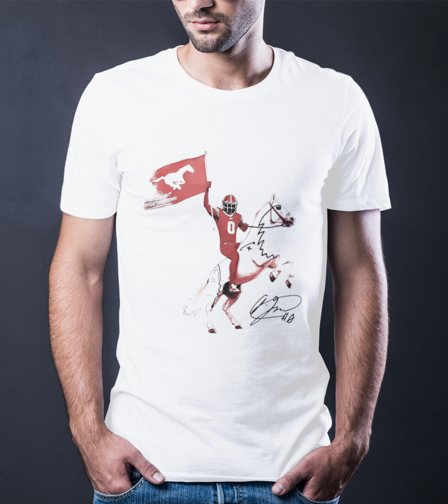 SMU Mustangs Football Player Riding Horse Holding Flag Number 0 T-Shirt