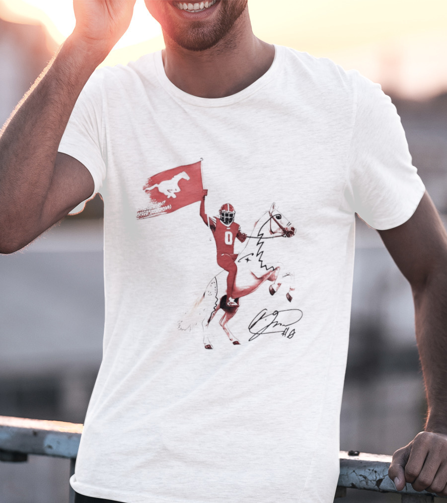 SMU Mustangs Football Player Riding Horse Holding Flag Number 0 T-Shirt