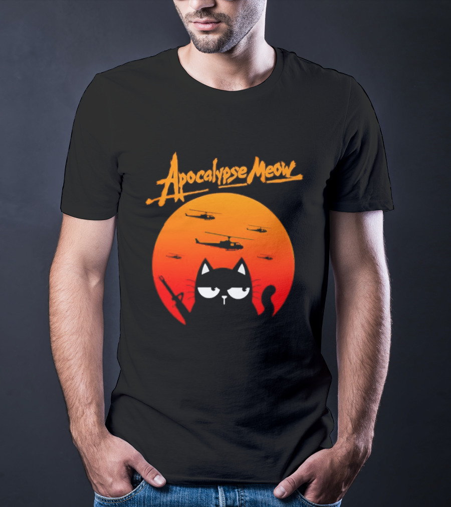 Apocalypse Meow Cat Helicopter Orange Sun T-Shirt