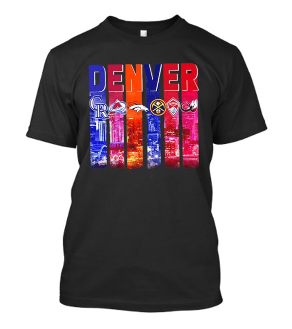 Denver City Skyline With Colorado Rockies Avalanche Broncos Nuggets Rapids Mammoth T-Shirt