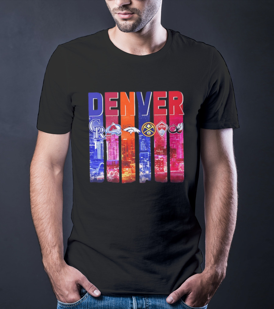 Denver City Skyline With Colorado Rockies Avalanche Broncos Nuggets Rapids Mammoth T-Shirt