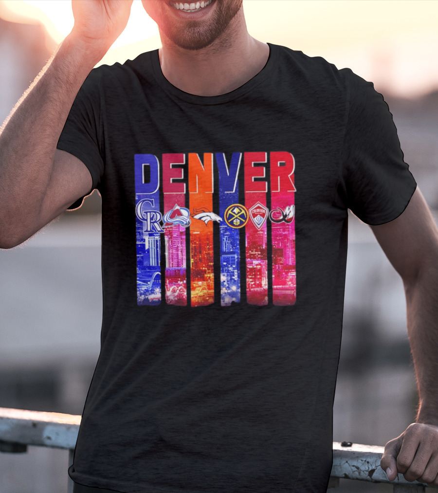 Denver City Skyline With Colorado Rockies Avalanche Broncos Nuggets Rapids Mammoth T-Shirt