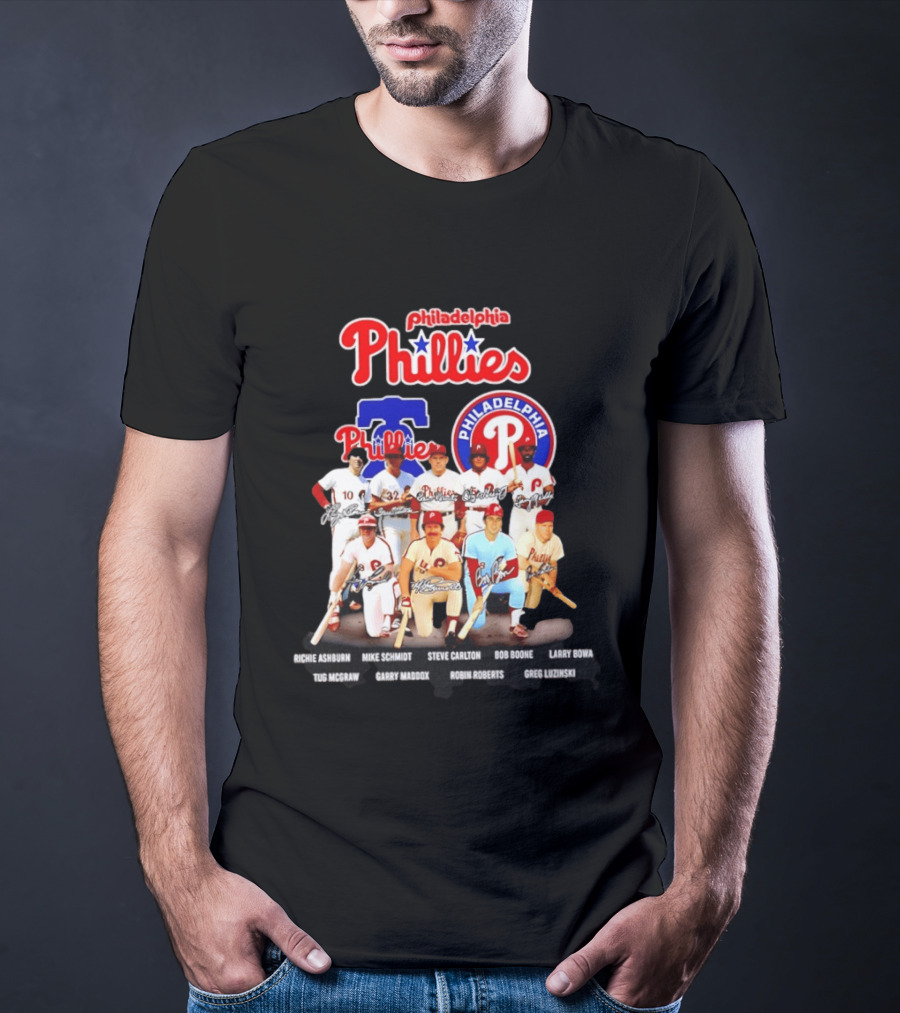 Philadelphia Phillies Legends Ashburn Schmidt Carlton Boone Bowa McGraw Maddox Roberts Luzinski Signatures Vintage Players T-Shirt