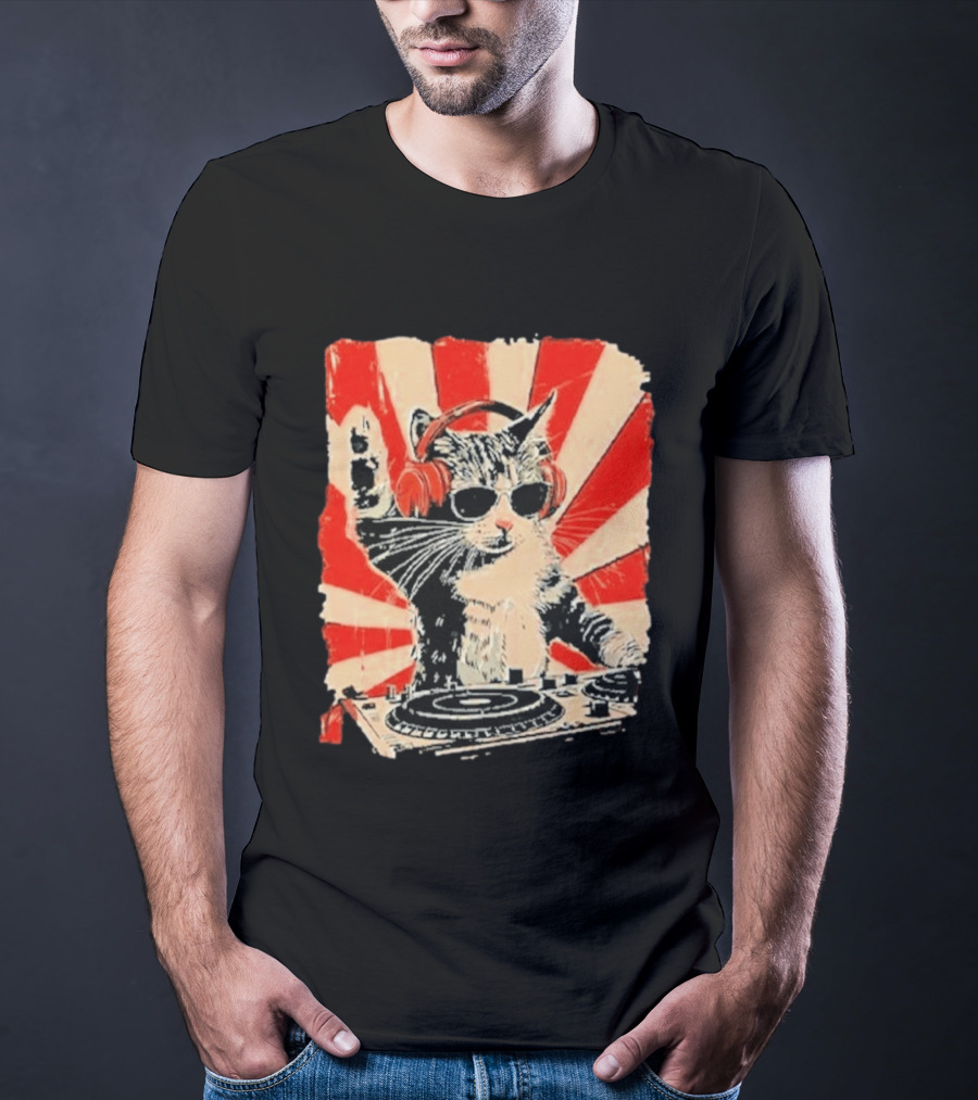 DJ Cat With Headphones Red Sunburst T-Shirt