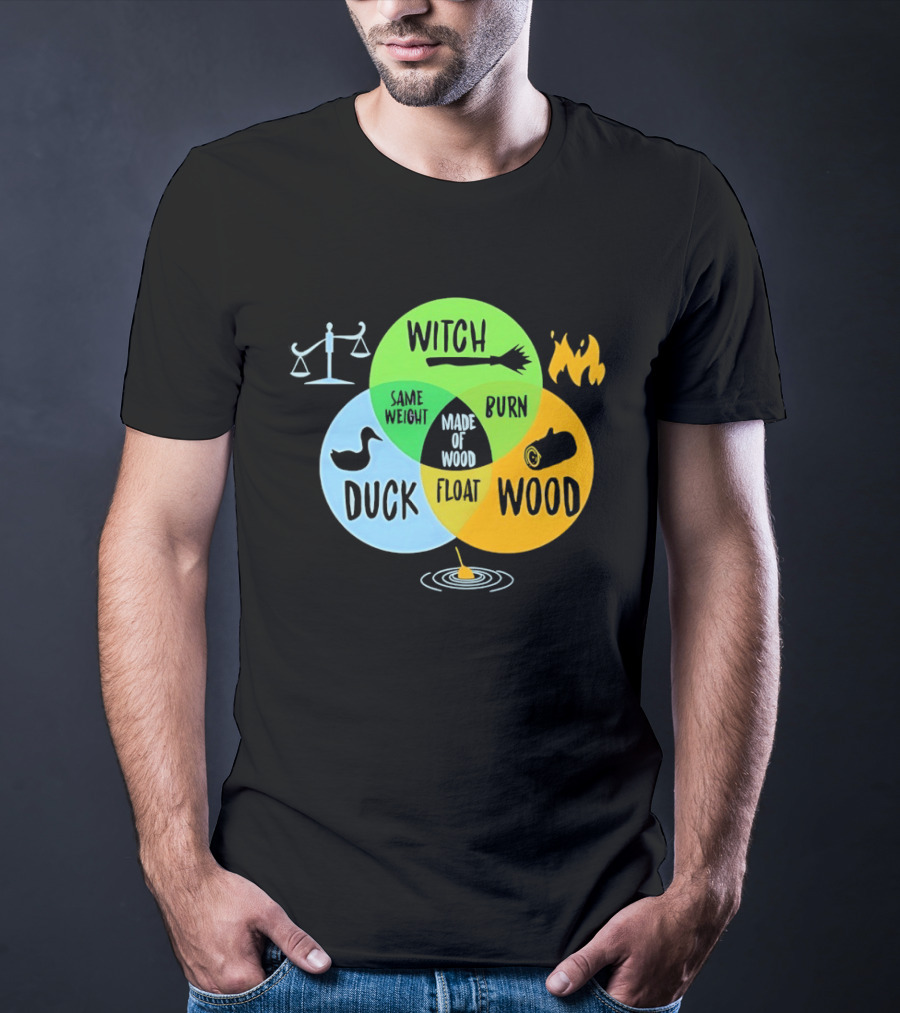 Monty Python Witch Duck Same Weight Made Of Wood Burn Float Venn Diagram T-Shirt