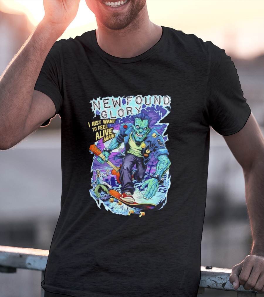 New Found Glory I Just Want To Feel Alive Again Frankenstein Skateboard Zombie Punk T-Shirt