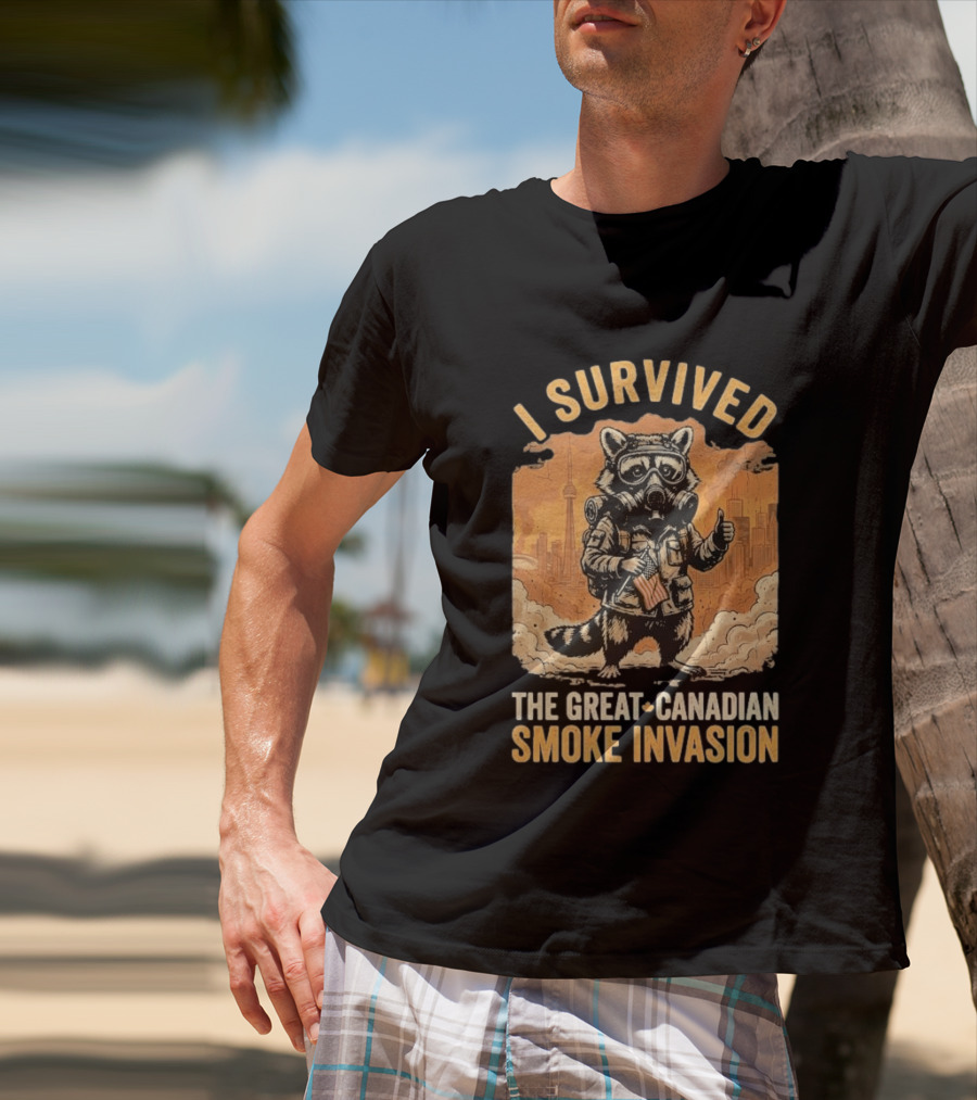 I Survived The Great Canadian Smoke Invasion Raccoon Cityscape Gas Mask T-Shirt