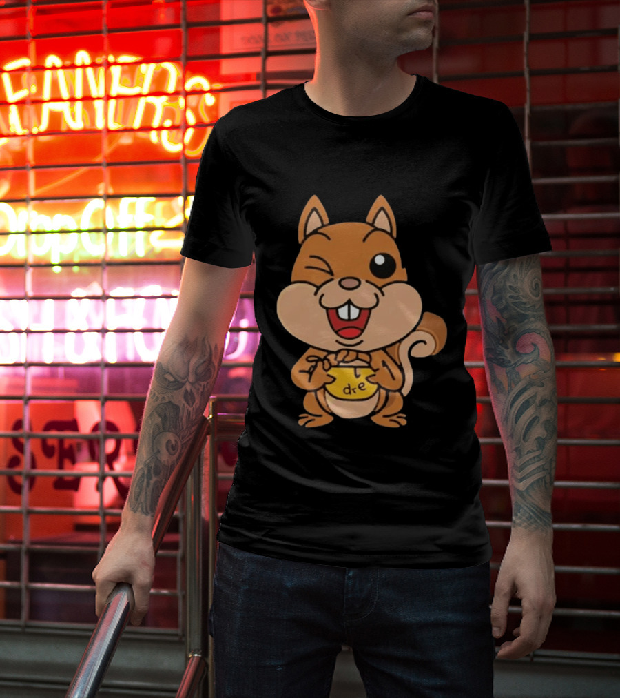 Cartoon Squirrel Holding Yellow Object With "dre" T-Shirt