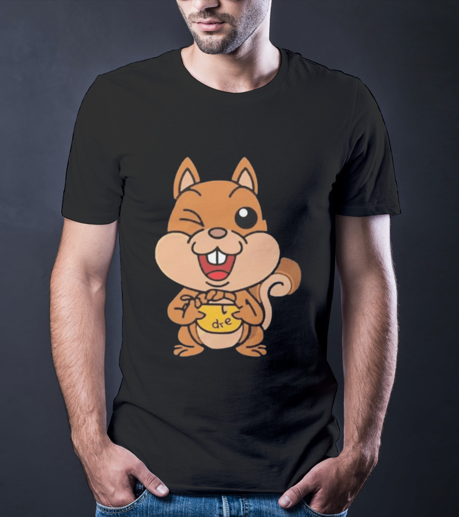 Cartoon Squirrel Holding Yellow Object With "dre" T-Shirt