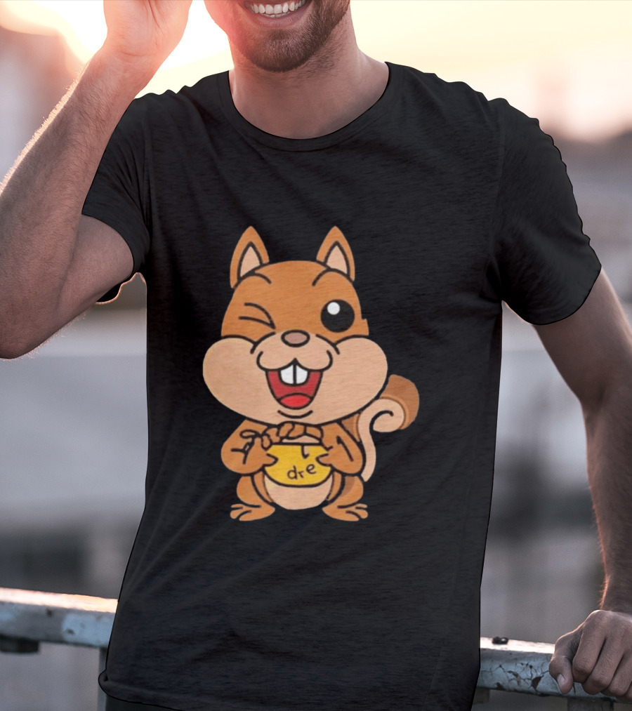 Cartoon Squirrel Holding Yellow Object With "dre" T-Shirt