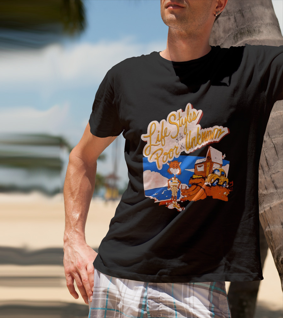 Life Styles Of The Poor And Unknown Cartoon Cat Beach Scene With House And Car T-Shirt