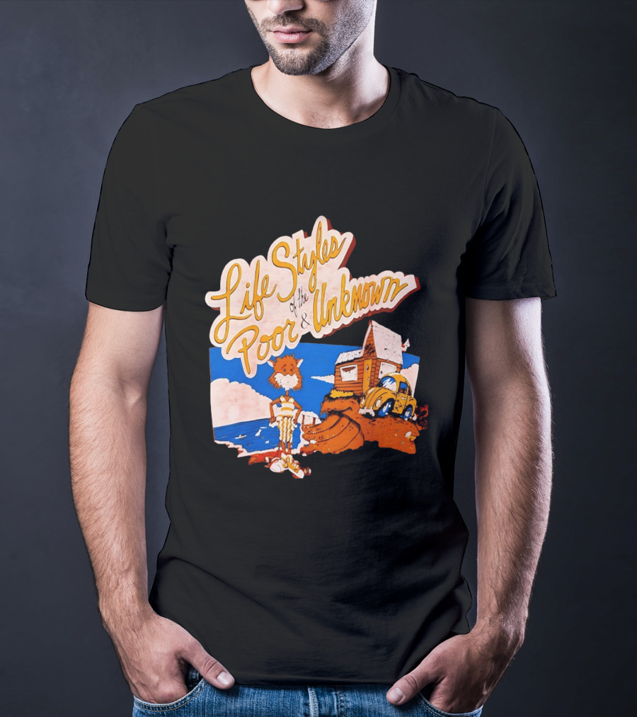 Life Styles Of The Poor And Unknown Cartoon Cat Beach Scene With House And Car T-Shirt