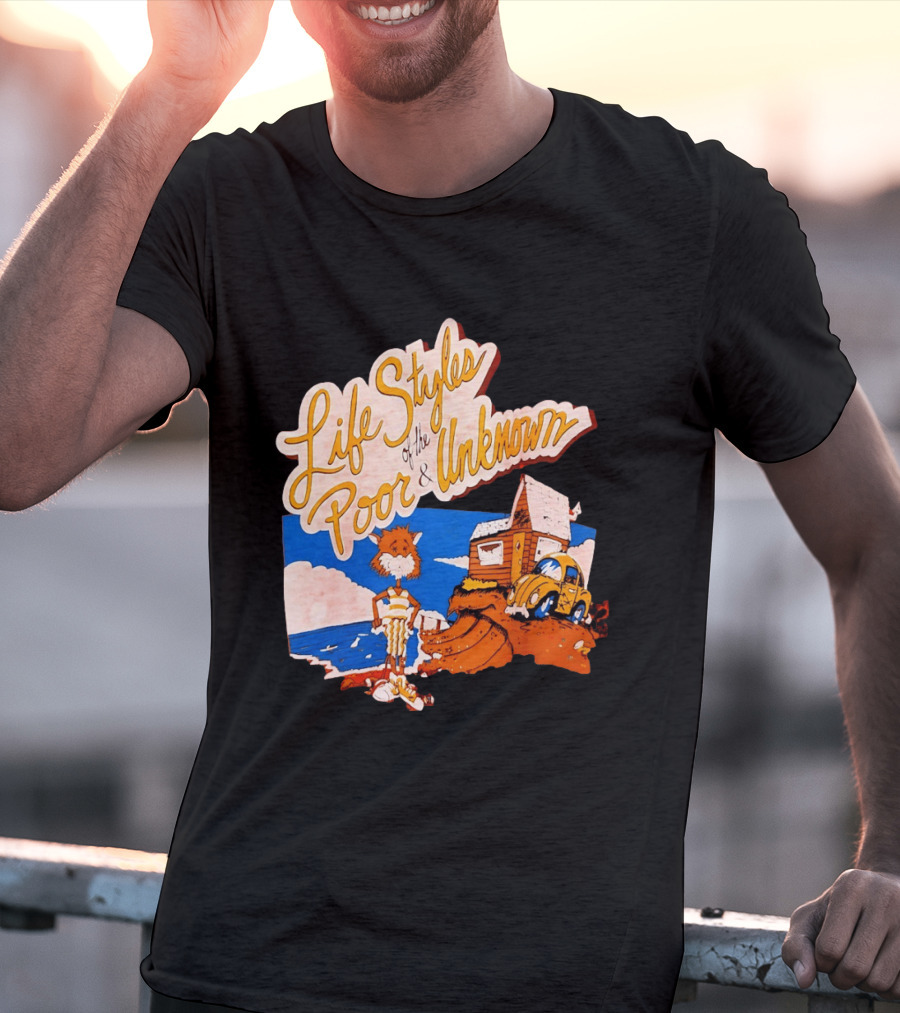 Life Styles Of The Poor And Unknown Cartoon Cat Beach Scene With House And Car T-Shirt