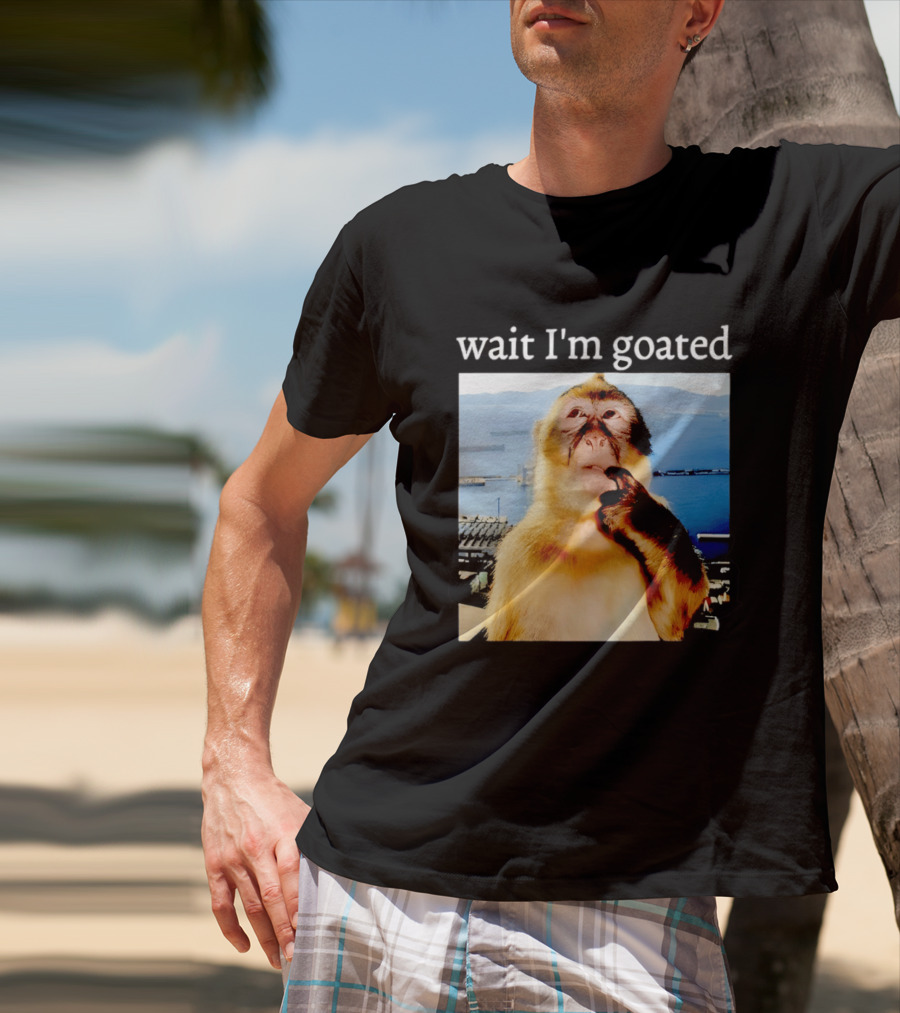 Wait I'm Goated Monkey Meme Coastal View Playful Expression T-Shirt