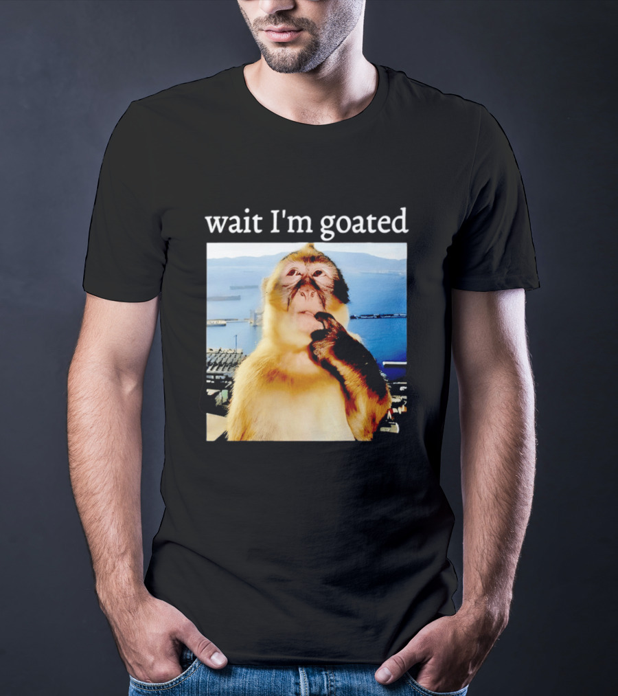 Wait I'm Goated Monkey Meme Coastal View Playful Expression T-Shirt