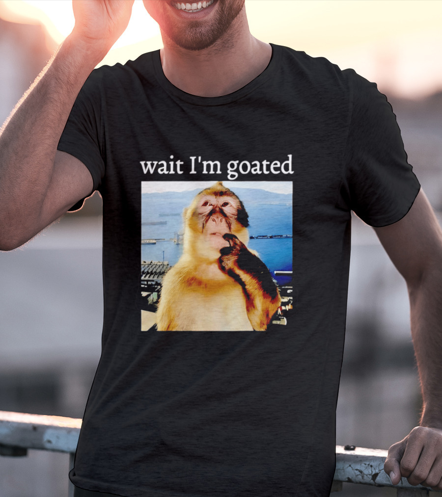 Wait I'm Goated Monkey Meme Coastal View Playful Expression T-Shirt