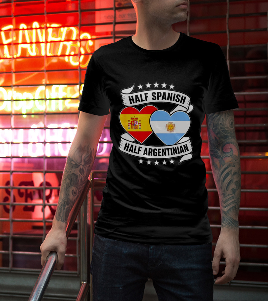 Half Spanish Half Argentinian Heart Flags Banner Star T-Shirt