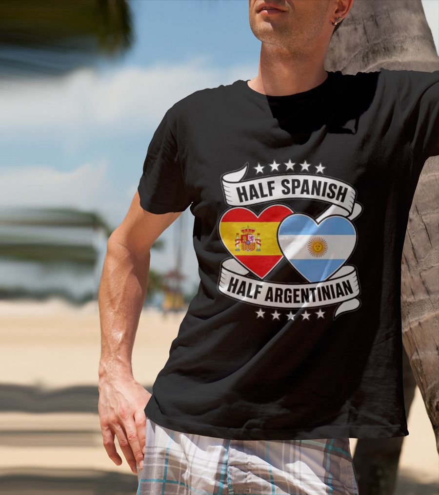Half Spanish Half Argentinian Heart Flags Banner Star T-Shirt