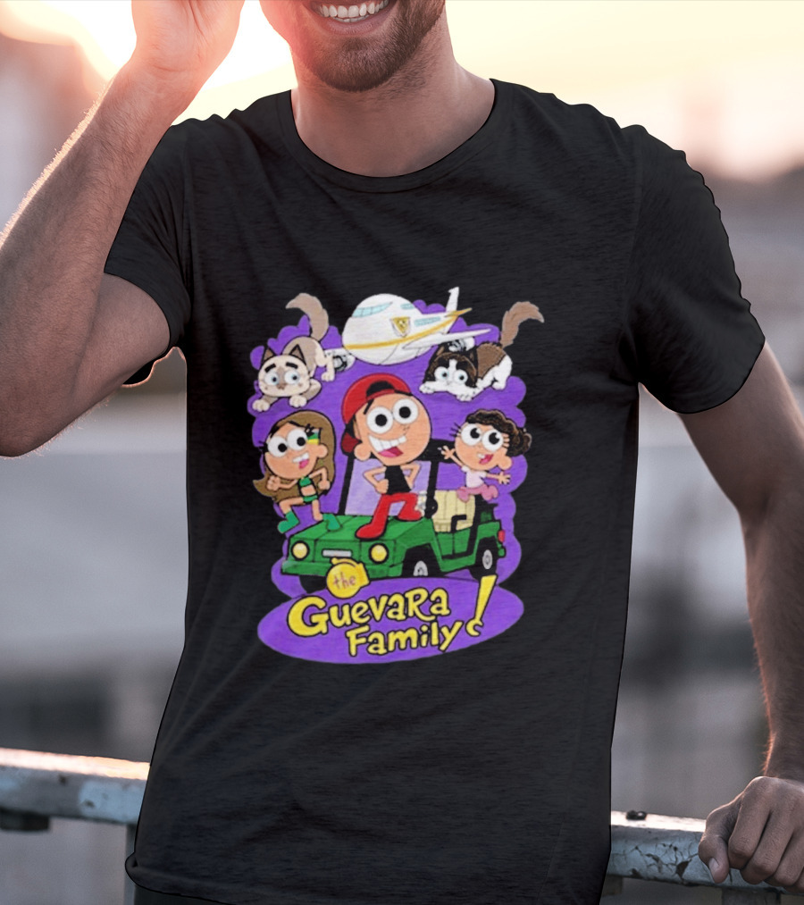 The Guevara Family Cartoon Adventure With Pets And Airplane T-Shirt