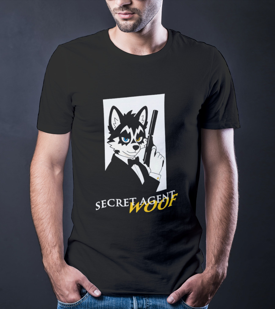 Secret Agent Woof Husky Tuxedo Spy Dog Holding Pistol Image T-Shirt