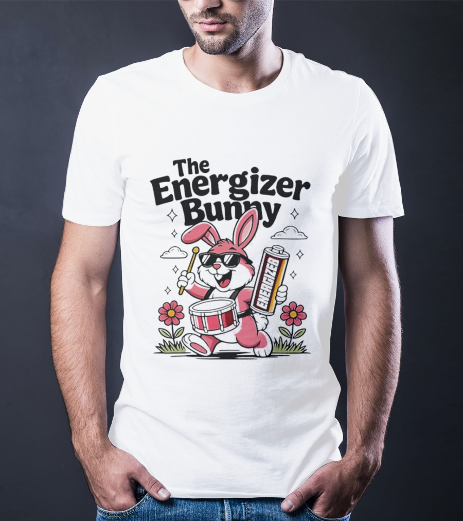 The Energizer Bunny Playing Drum Cartoon Pink Rabbit Sunglasses Drumming With Battery And Flowers T-Shirt