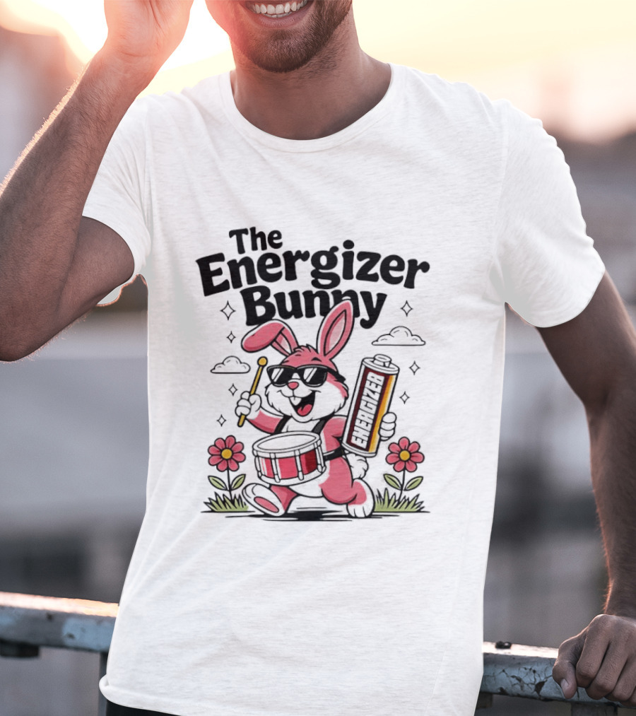 The Energizer Bunny Playing Drum Cartoon Pink Rabbit Sunglasses Drumming With Battery And Flowers T-Shirt