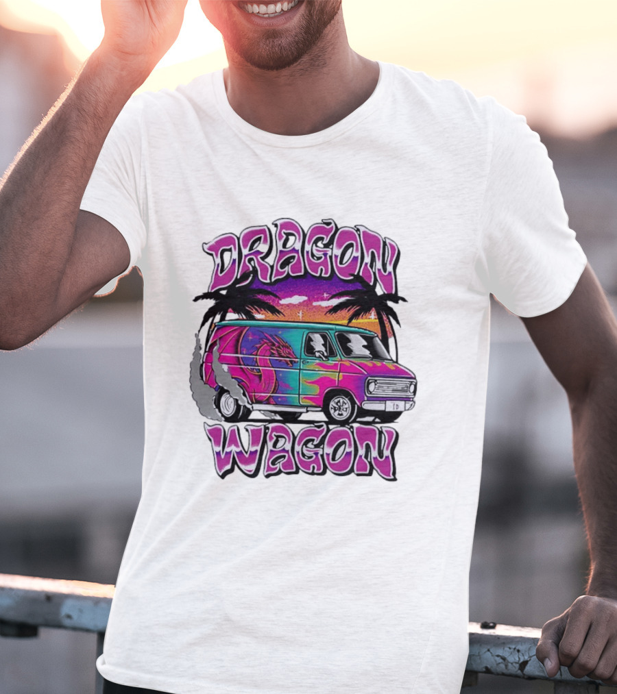 Dragon Wagon Van Tie Dye Sunset With Palm Trees T-Shirt