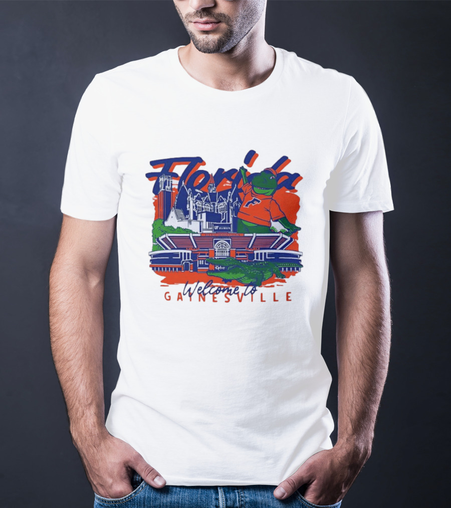 Florida Gators Welcome To Gainesville Stadium And Mascot Collage T-Shirt