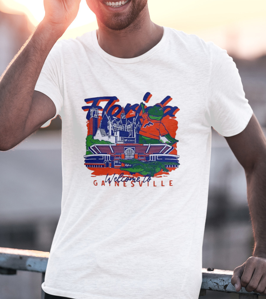 Florida Gators Welcome To Gainesville Stadium And Mascot Collage T-Shirt