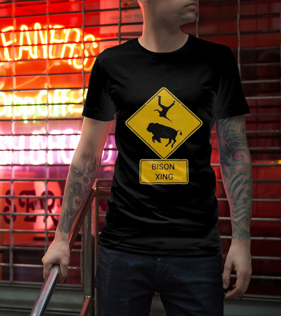 Bison Xing Road Sign With Pedestrian Warning T-Shirt