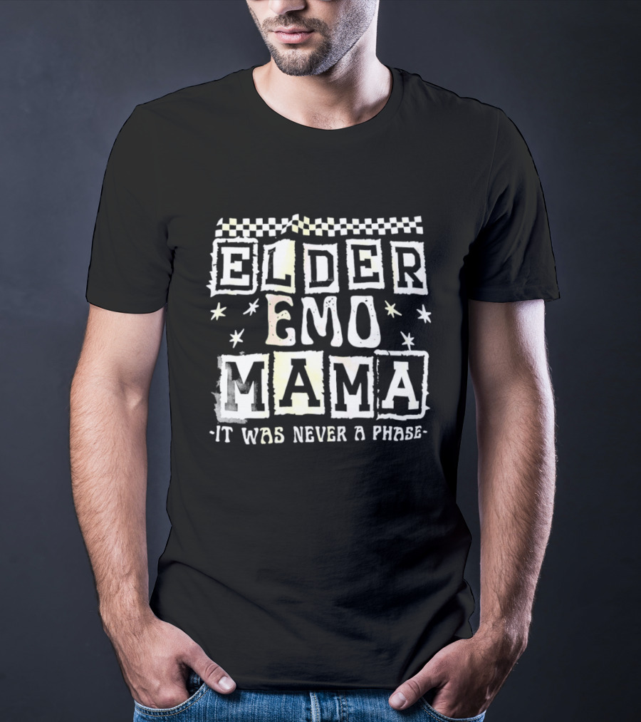 Elder Emo Mama It Was Never A Phase Vintage Retro Checkerboard Star Emo Font T-Shirt